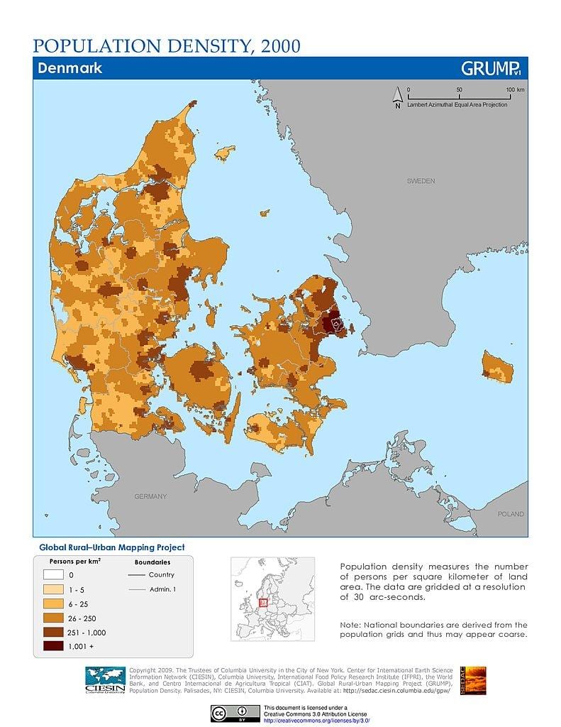 dánsko mapa hustota obyvatel